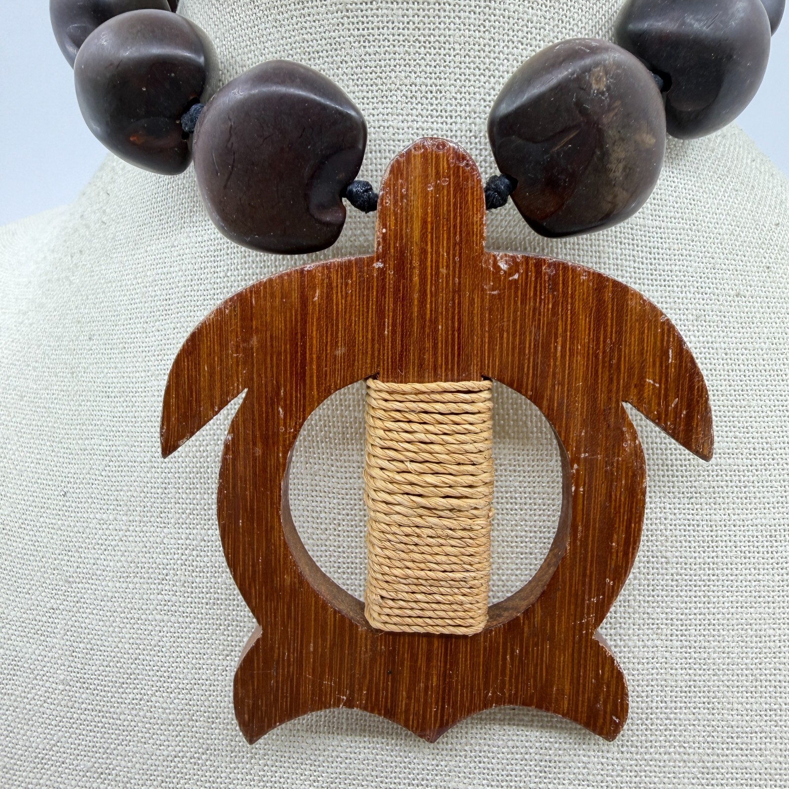 Chunky Brown Nut Bead Necklace Wood Sea Turtle Pendant Boho Tribal Statement