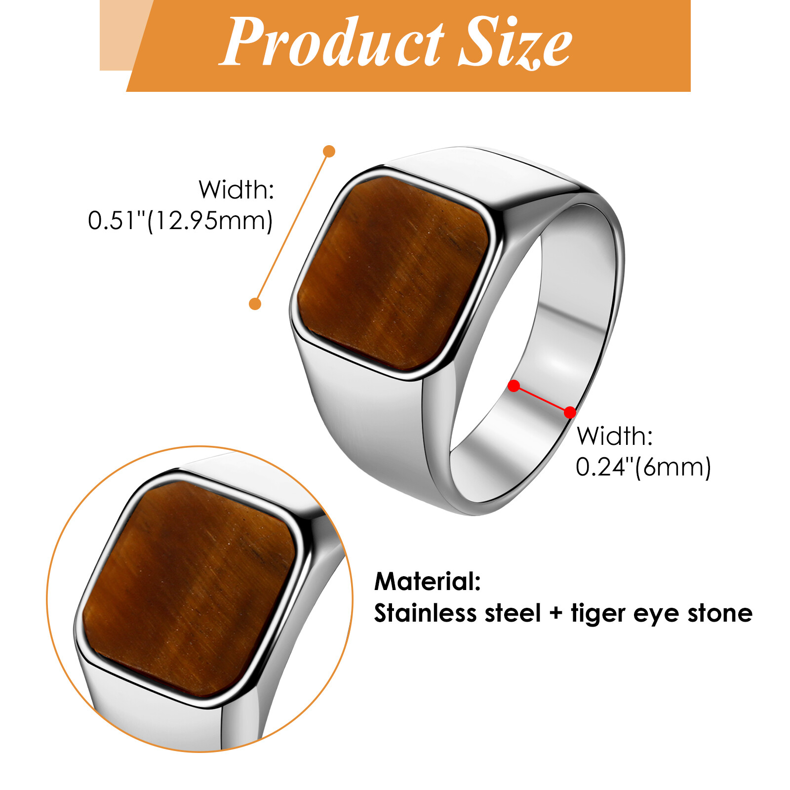 ‌Men’s Classic Stainless Steel Tiger Eye Stone Signet Ring Band Gift Size 6-13