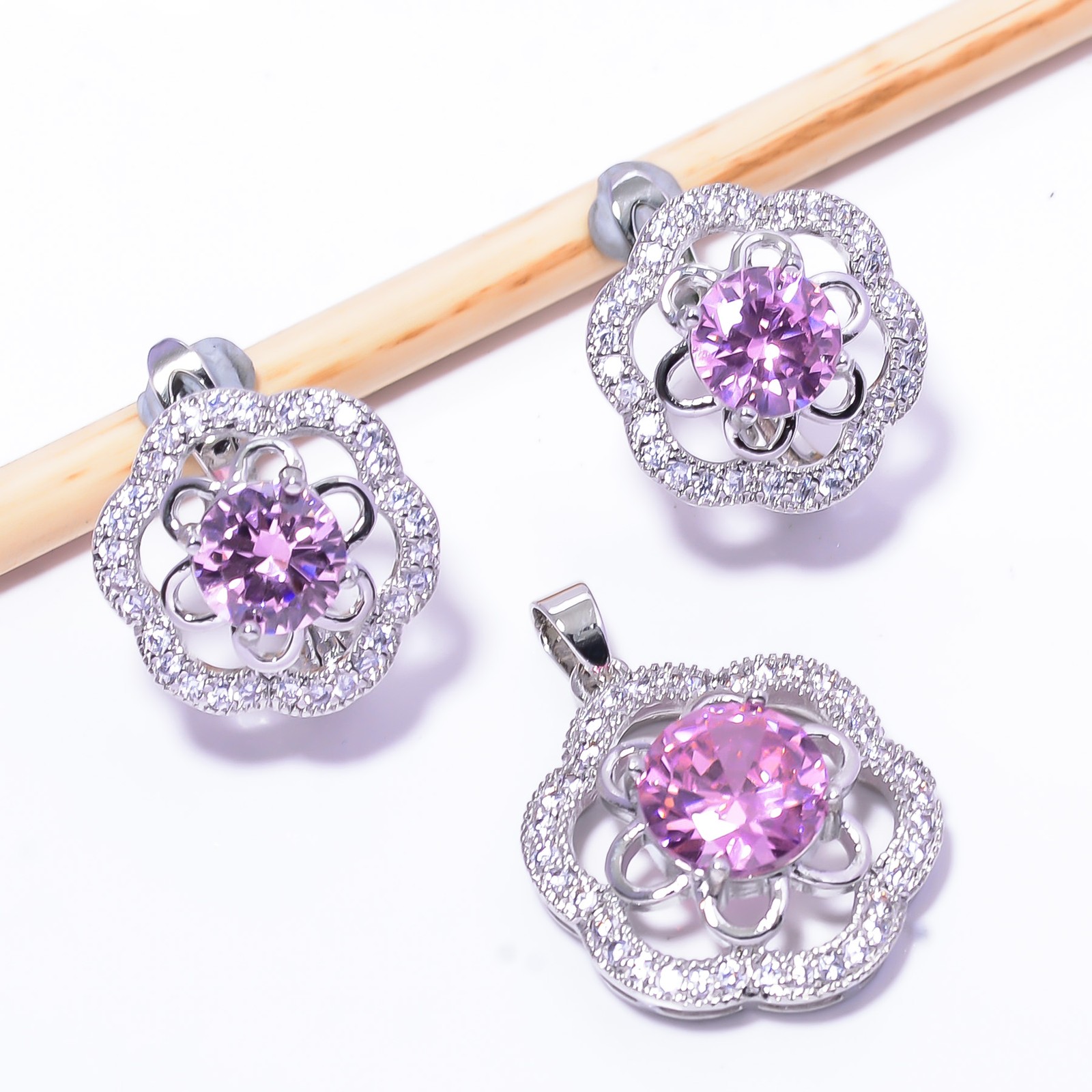 Pink Sapphire – Simulated & CZ 925 Sterling Silver Flower Pendant Set 0.70″ PS1