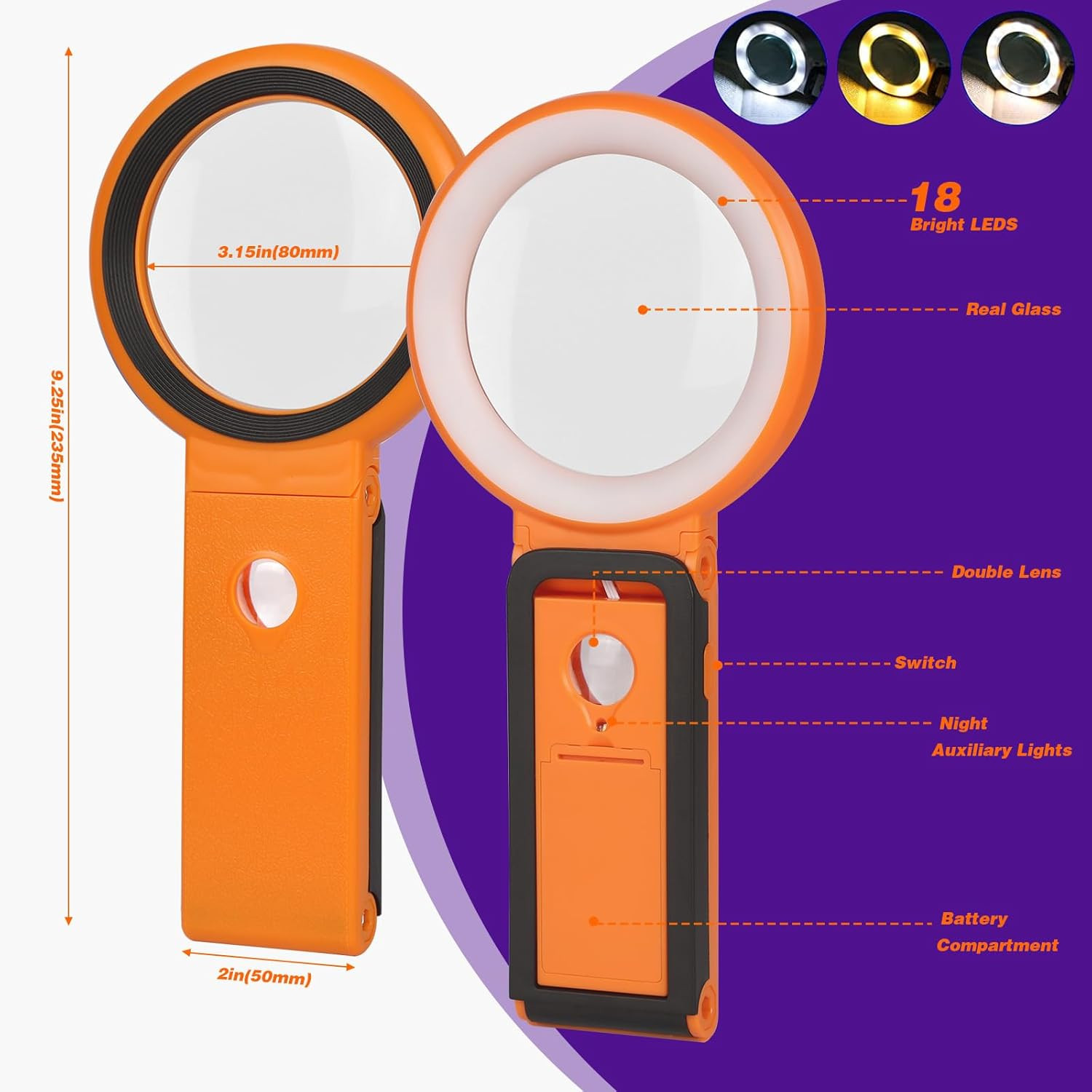 Magnifying Glass with Light and Stand, Foldable Handheld Magnifying Glass 18 LED