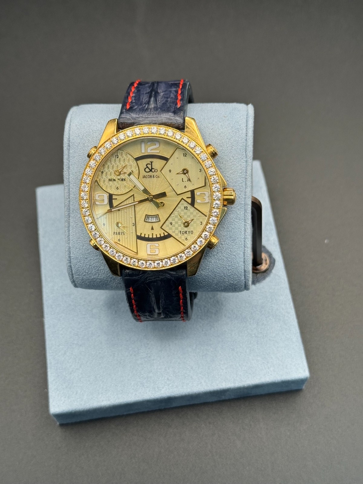 Jacob and Co Five Time Zone Yellow Gold Case Diamond Bezel “Pacific Bay”