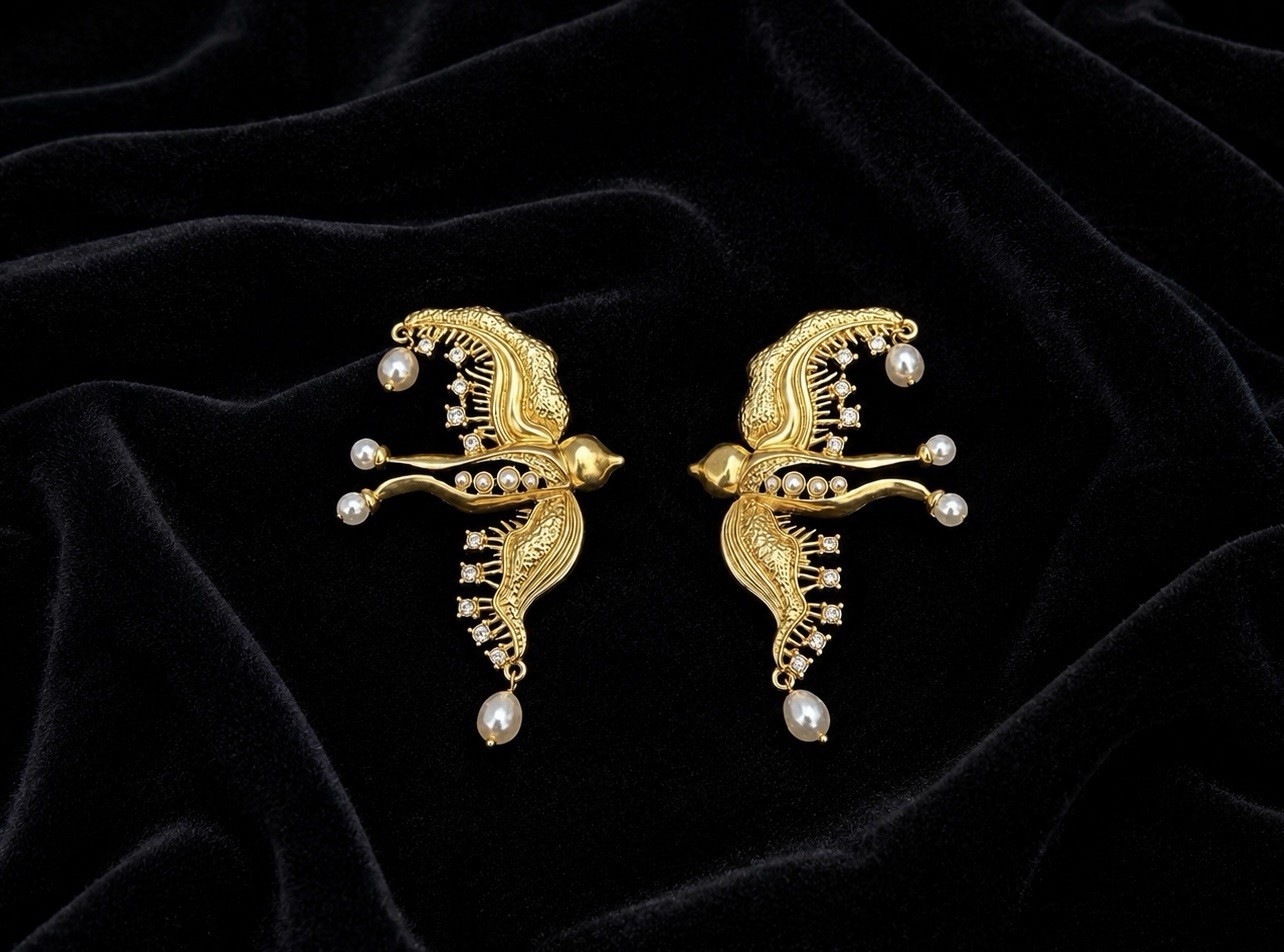 Baroque Gold VTG Bird Pearl Earrings Museum Revival Boho Victorian Cottagecore