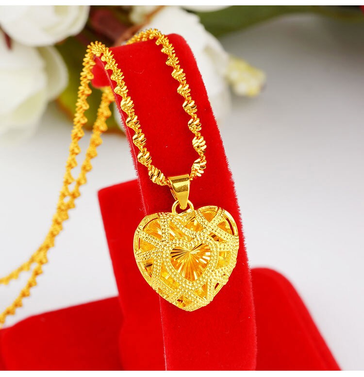 Women Hollow Heart Necklace 22k 23k 24k Thai Baht Yellow Gold Gp Necklace