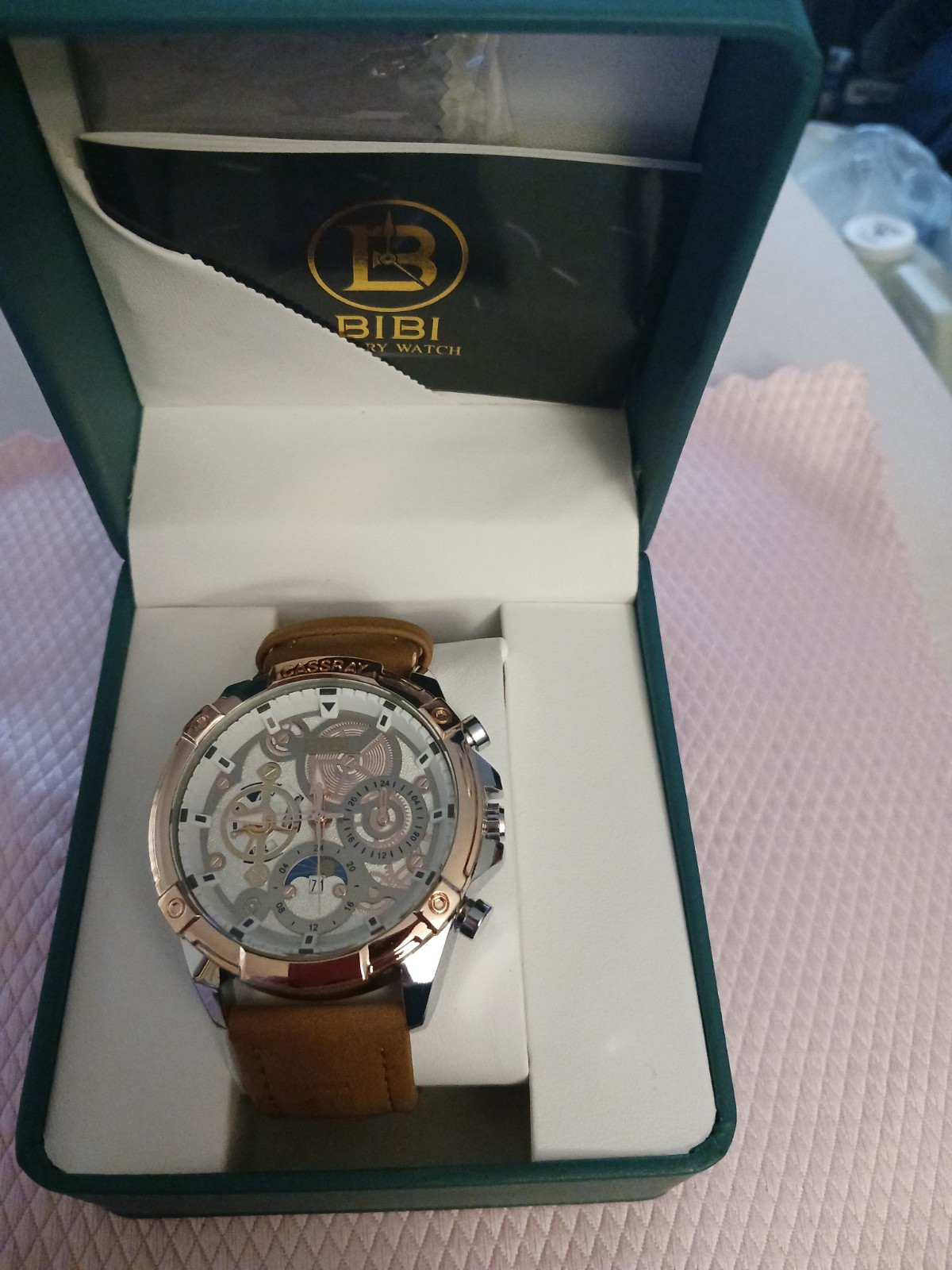 Bibi Luxury Men’s Watch White Dial Rose Case Brown Band B0179