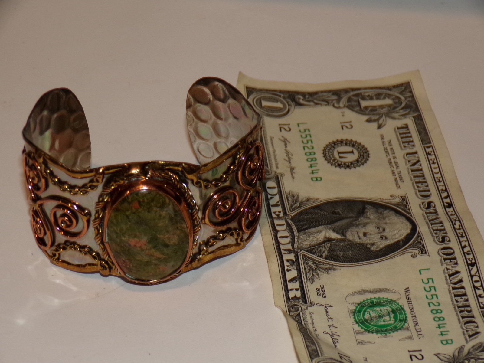 Bracelet Jewelry Unakite Mixed Metal Cuff Ladies Vintage [291]