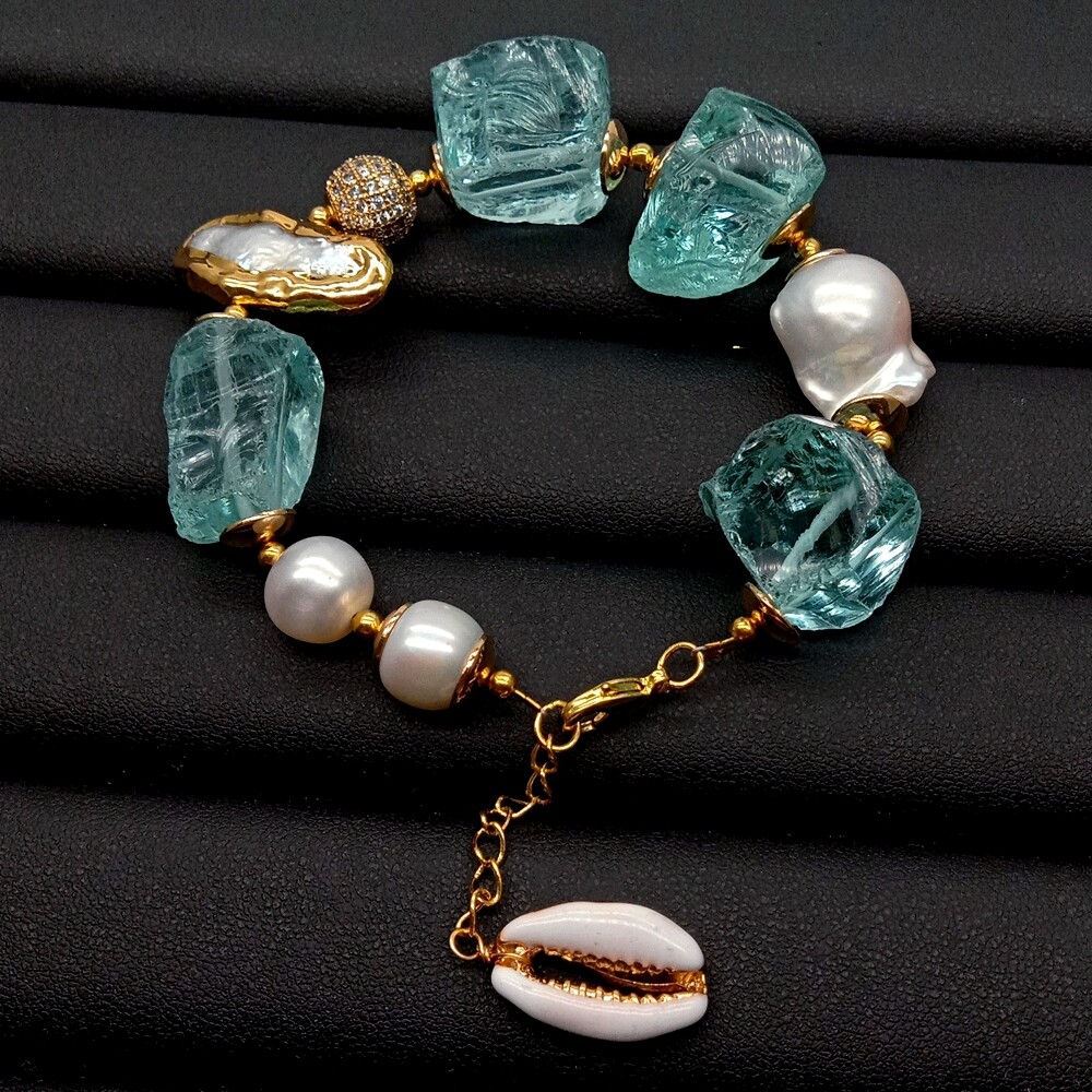 Cultured White Keshi Pearl Biwa Pearl Blue Glass Rough Bracelet 8″