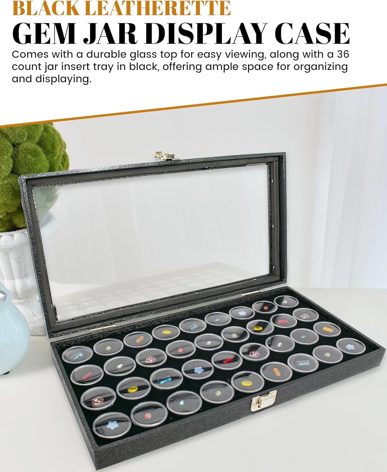 Novel Box Glass Top Black Jewelry Gemstone Display Case With Gem Jar Tray Insert