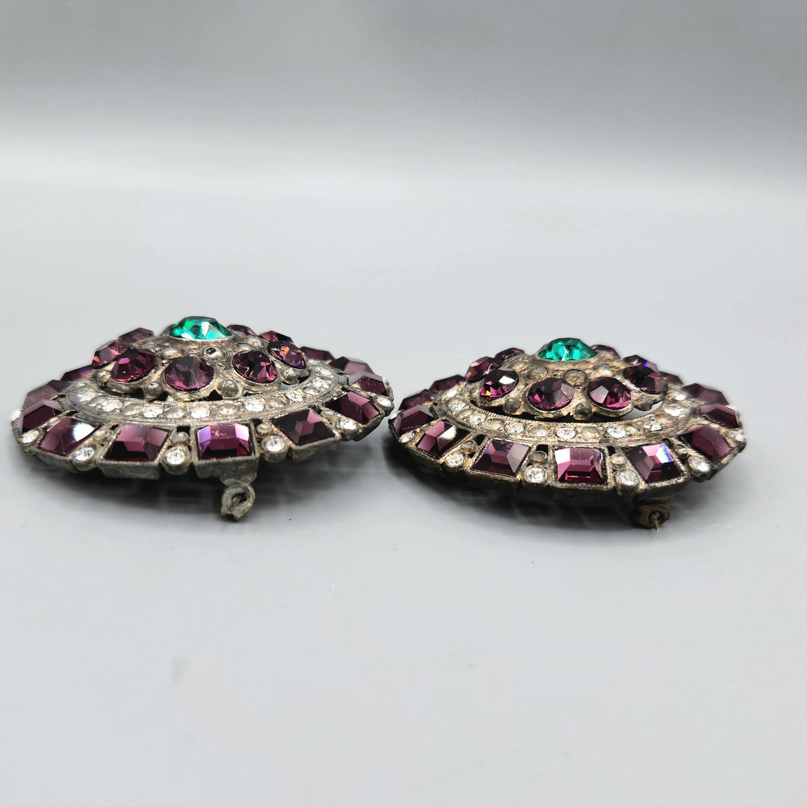 1930s Pair Purple Green Rhinestone Pot Metal Large Round Brooches Coat Pins
