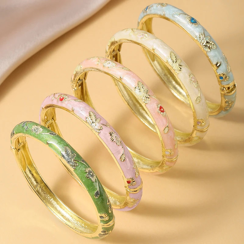 5PCS Fine Small Flower Cloisonne Enamel Bangles For Women Vintage Bohemian