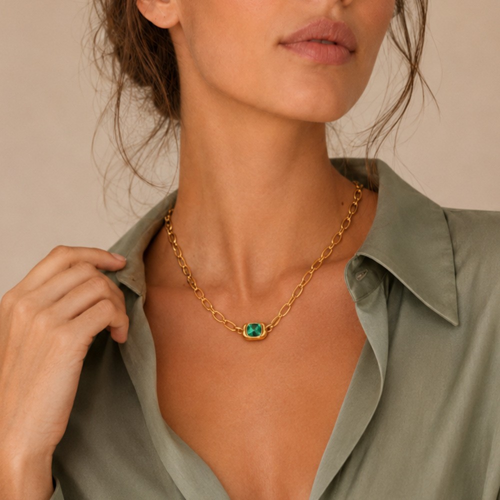 Square Pendant 18K Gold Plated Stainless Steel Necklace Green CZ Stone