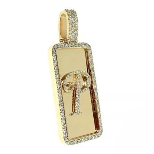 14k Yellow Gold Plated 3Ct Round Cut Moissanite Dogtag Initial P Letter Pendant