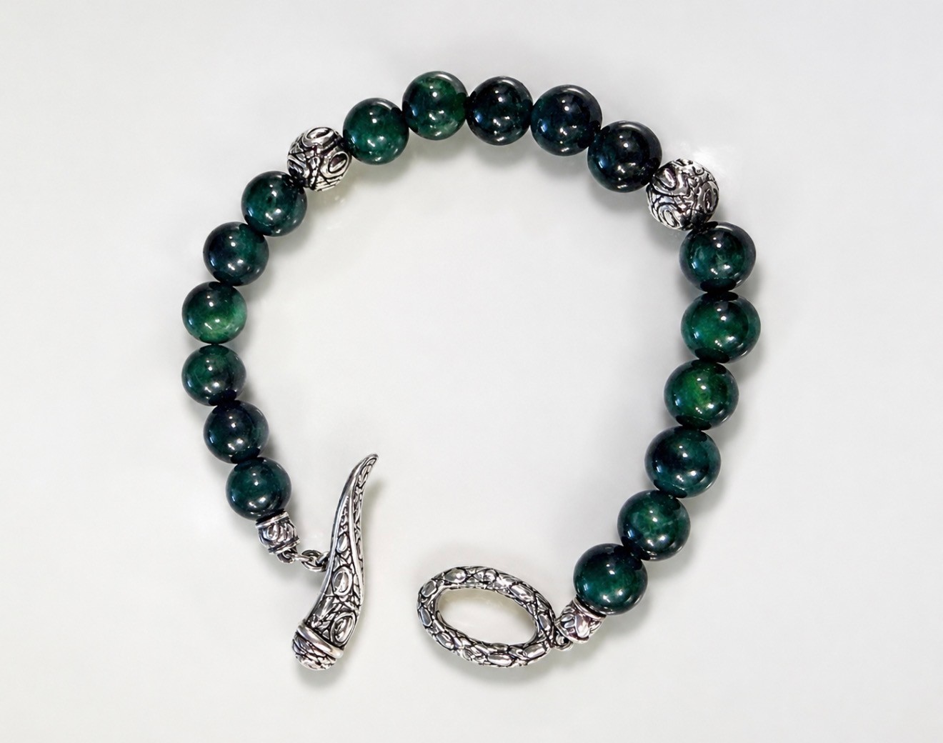 JAI John Hardy Green Tigers Eye Bead Croco Toggle Bracelet 925, 6.25 wrist, 8mm