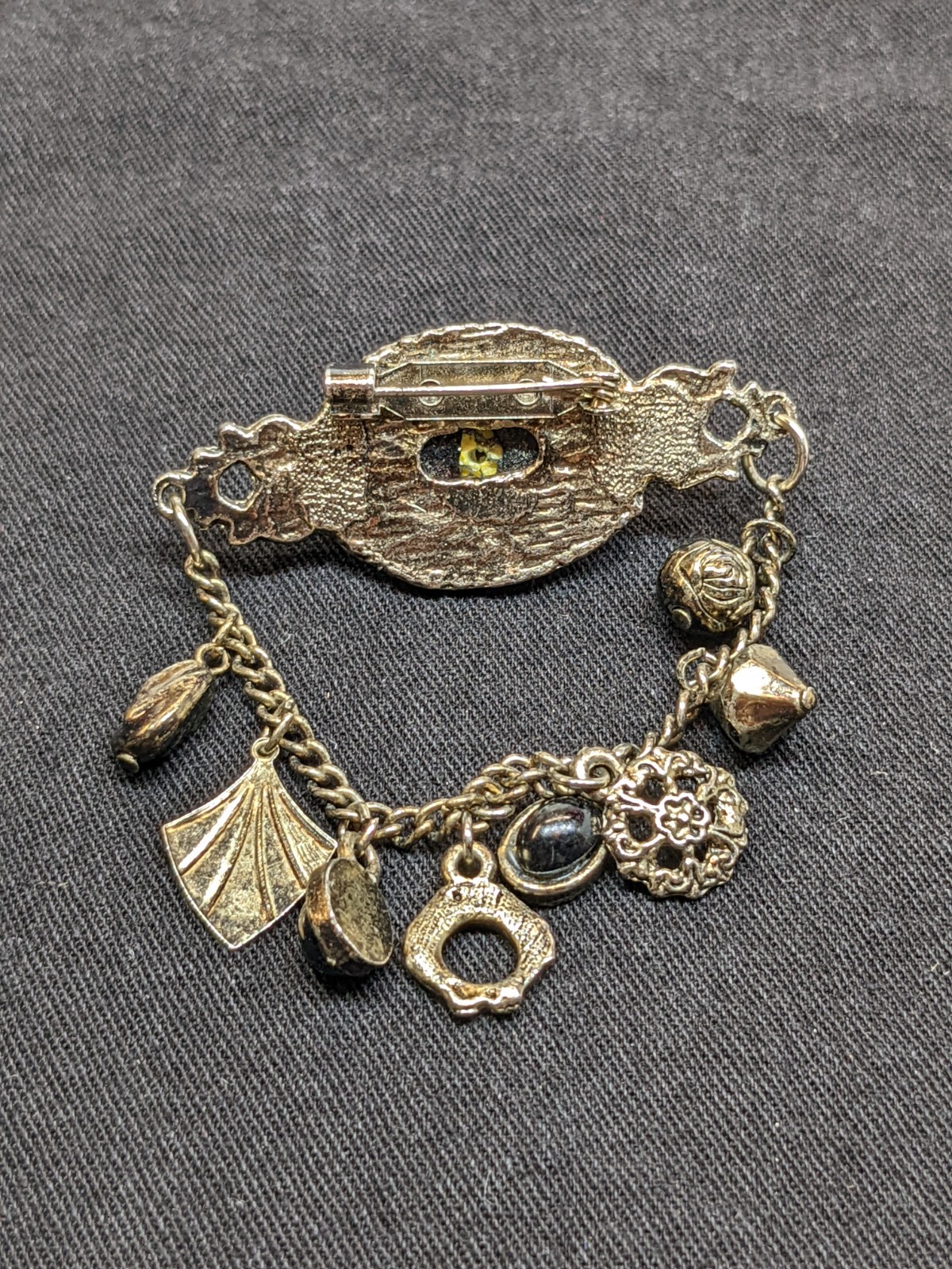 Vtg Victorian Revival Dangle Charm Brooch Black Cabochon Bronze Tone Emo Gothic