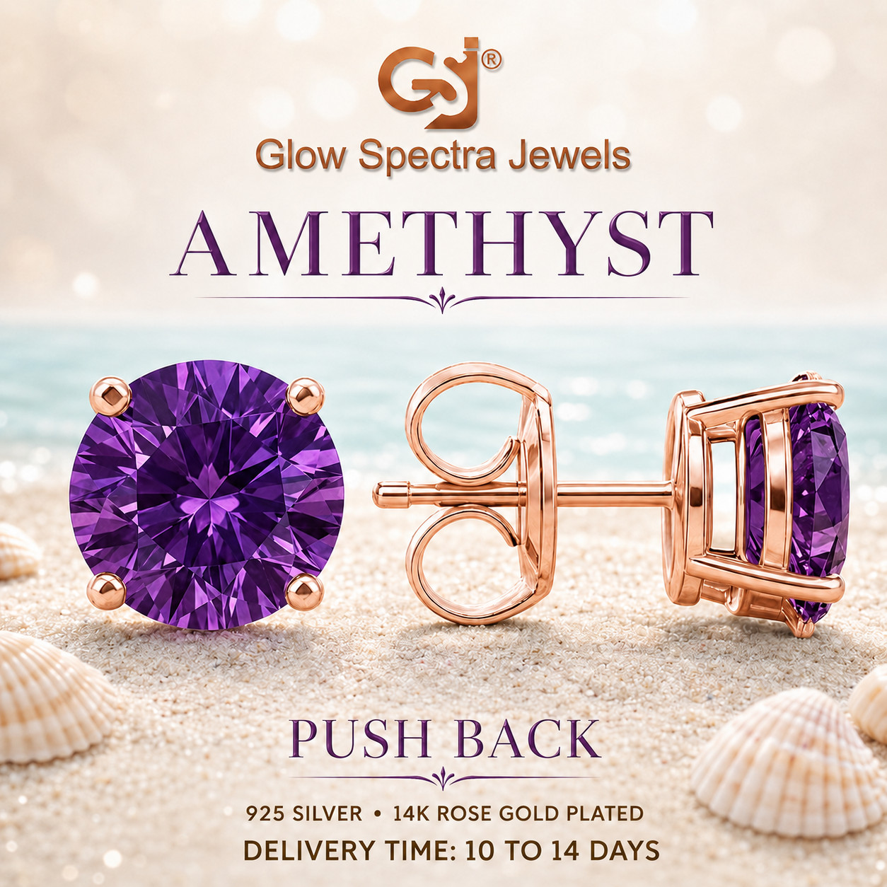 2.00CT Solitaire Purple Amethyst Stud Erring 925 Silver 14k Rose Gold Plated