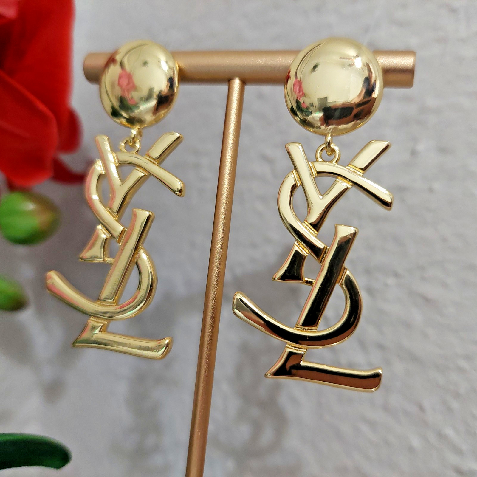 Auth. YVES SAINT LAURENT YSL Dangle Drop Large LOGO EARRINGS Gold Tone