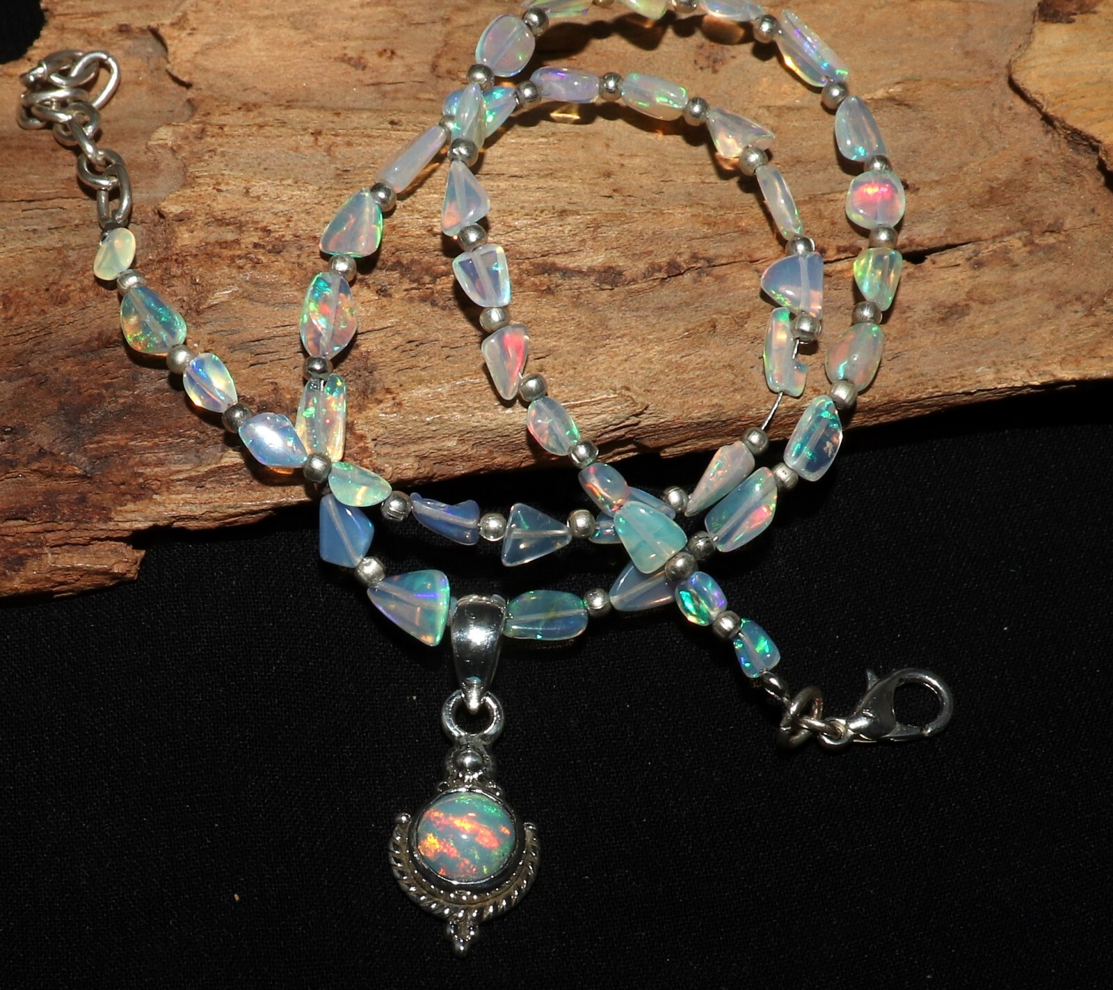 Ethiopian opal beaded necklace with sterling silver opal pendant opal tumble