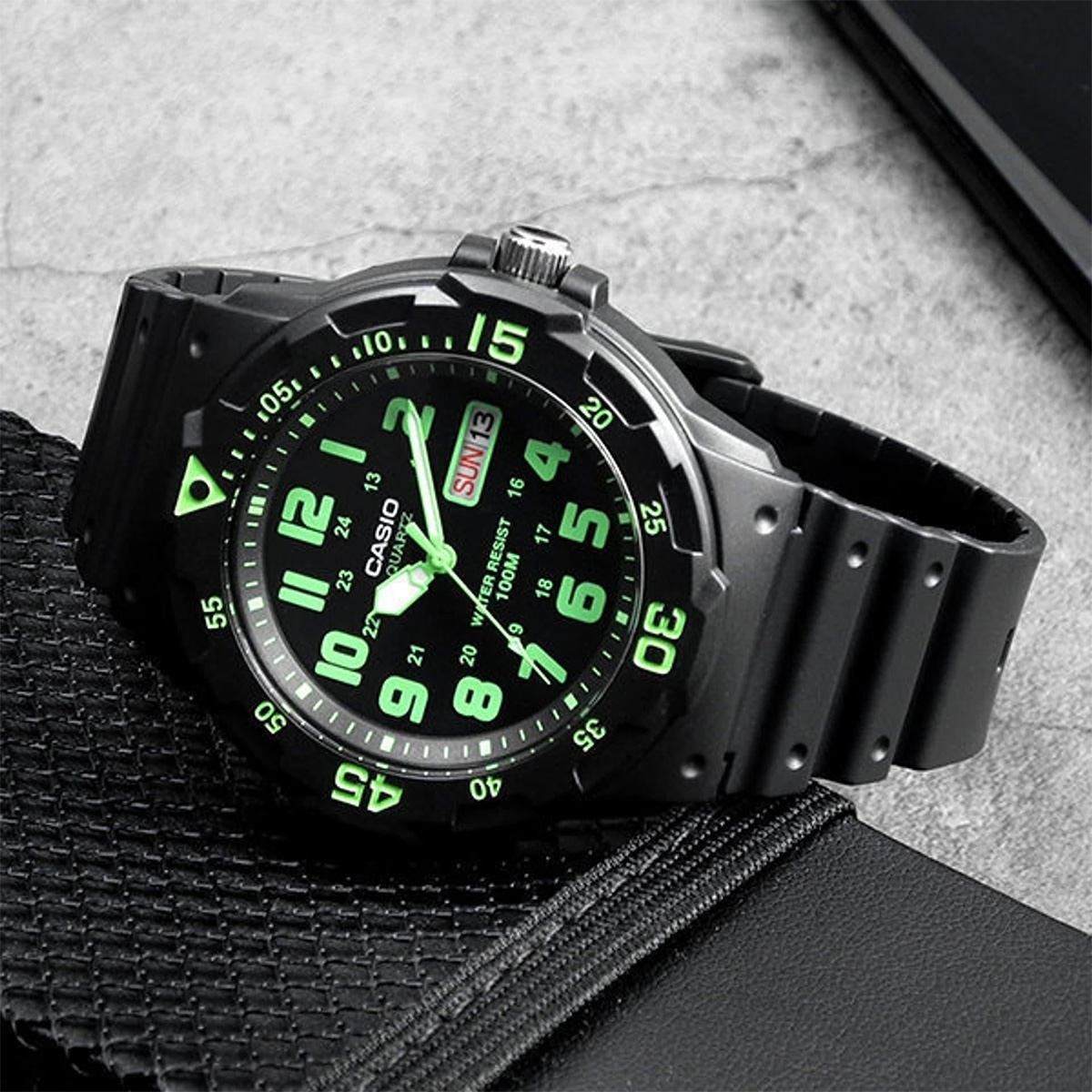 Casio MRW-200H-3BV Analog Watch 100M WR Day Date Green Dial Sport Dive Men