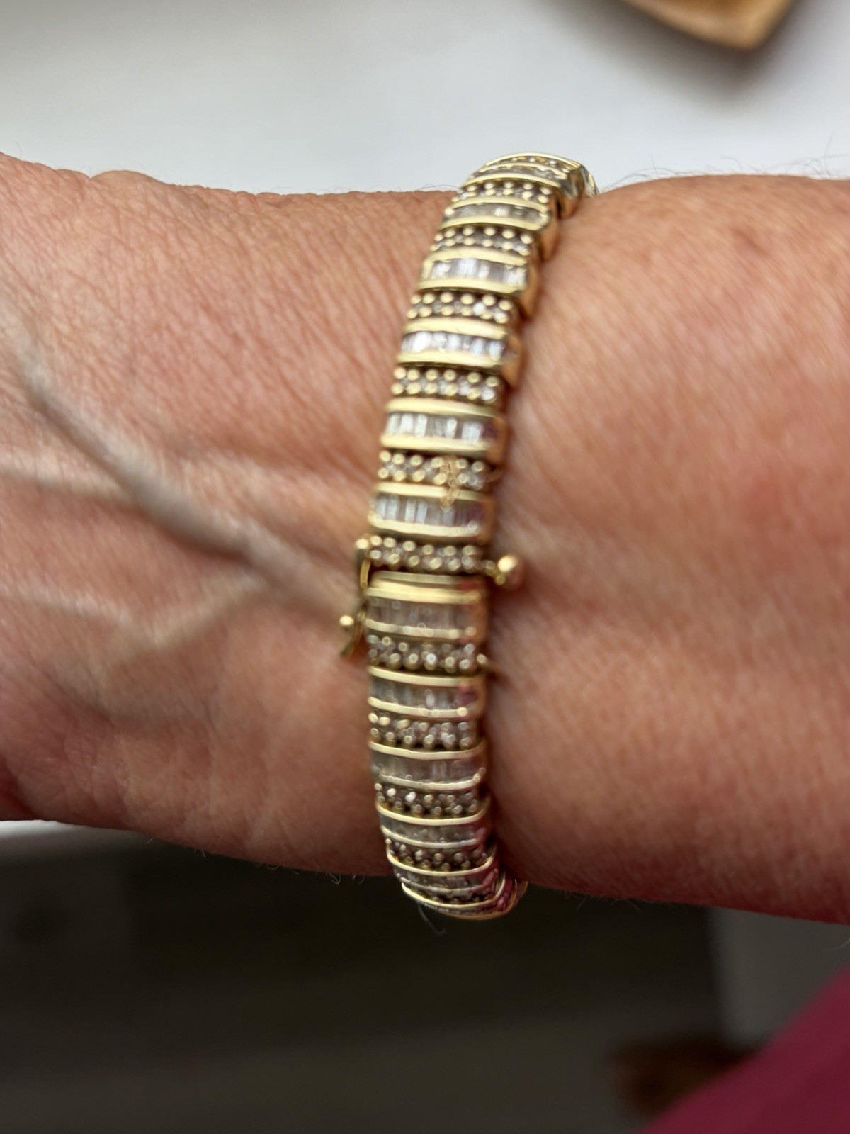 14k Gold Diamond Link Tennis Bracelet, Baguette White/Brown Colorless