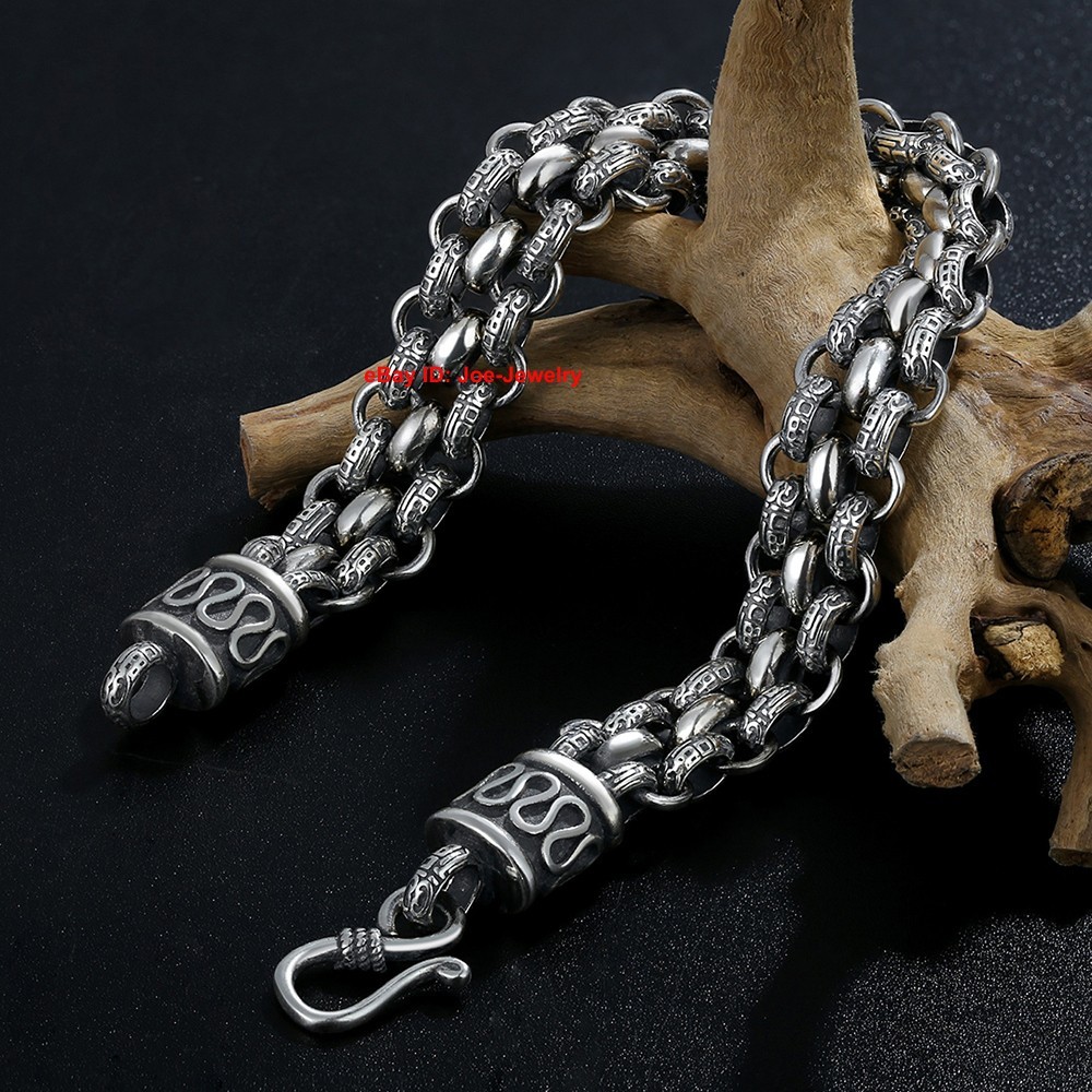 Pure 925 Sterling Silver 11mm 福 Three-row Rolo Link Chain Bracelet 8.26inch