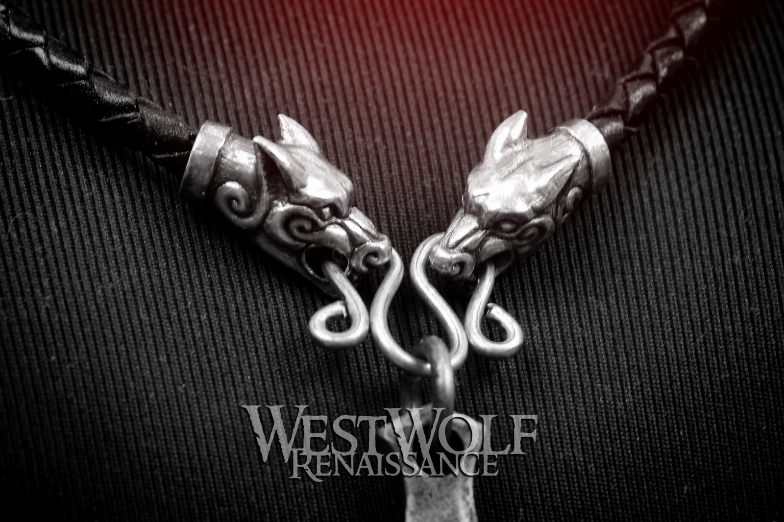 Braided Black Leather Bolo with Wolf Head Terminals – Necklace/Cord/Rope/Pendant