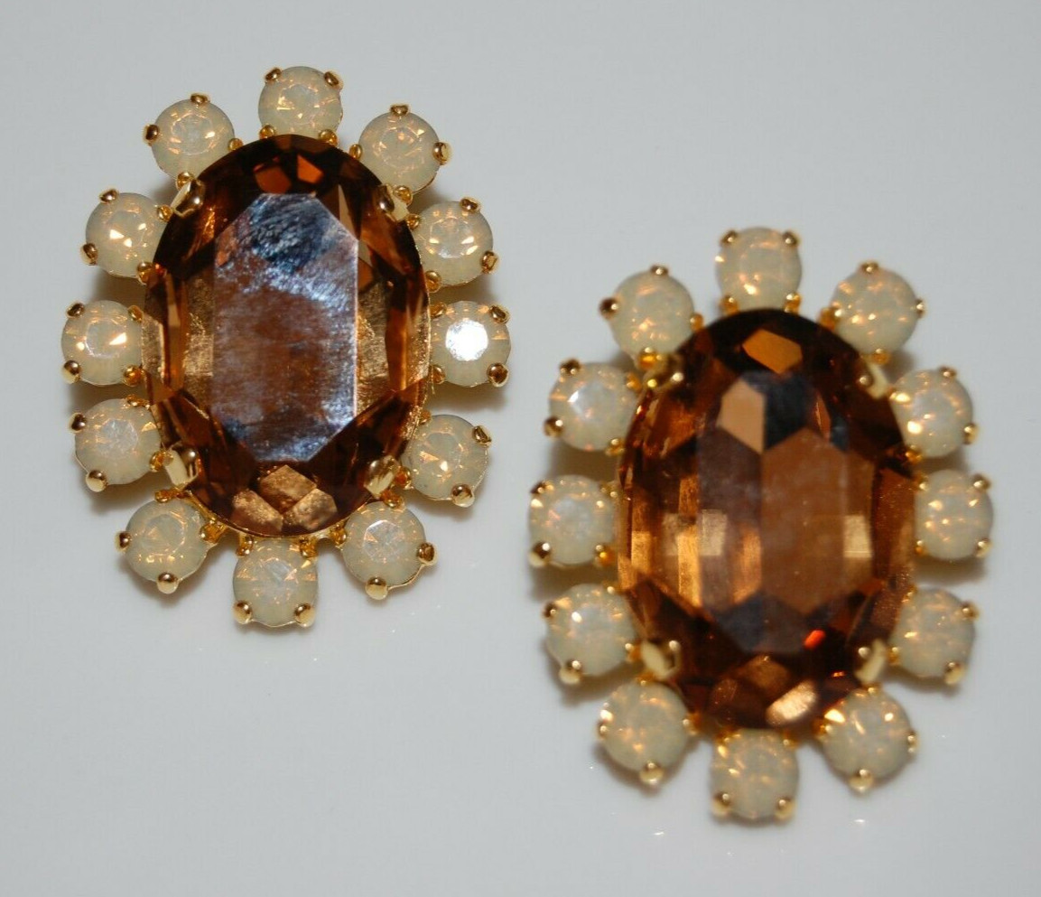 ELEGANT VTG RHINESTONE COUTURE LARGE AMBER OVAL & ICED CRYSTALS CLIP-ON EARRINGS