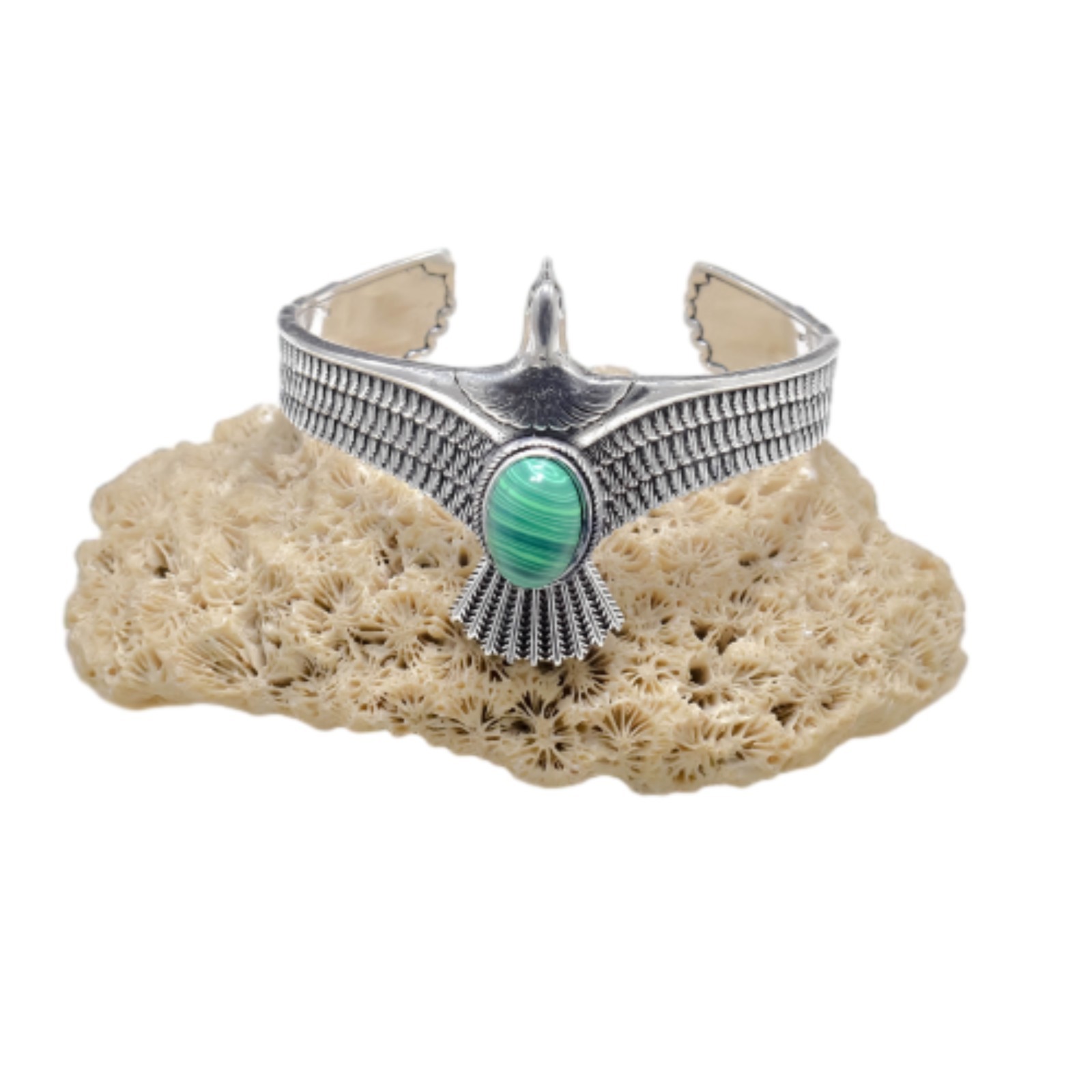 925 Sterling Silver Eagle Bracelet Malachite Stone Wildlife Unisex Cuff Bangle