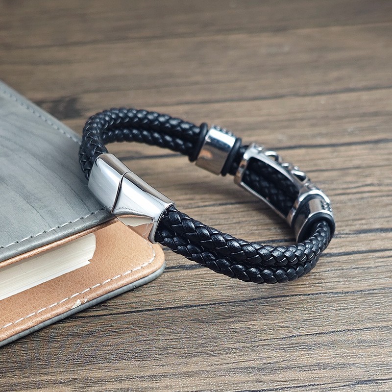 Men’s Hexagram Leather Bracelet Stainless Steel Braided Multi-Layer Cuff Gift