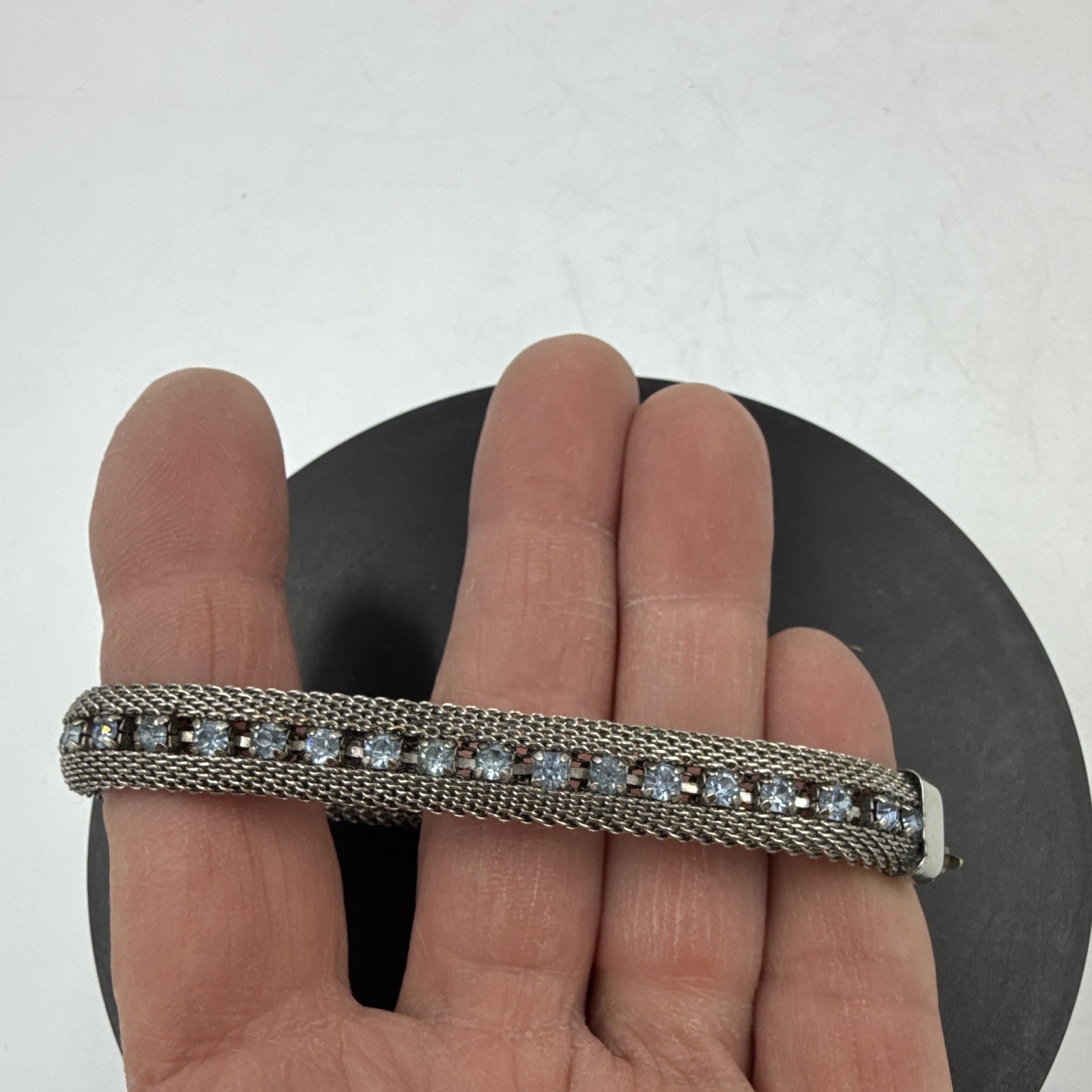 Silver Tone Round Blue Crystal Mesh Tennis Chain Bracelet Box Clasp
