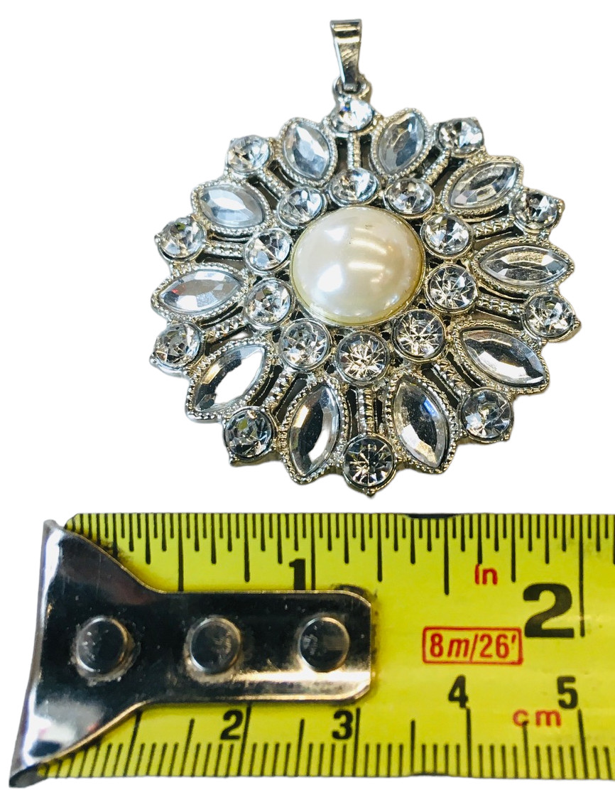 Pendant Rhinestone Crystal Faux Pearl 2” Silver Tone Round Fashion Jewelry