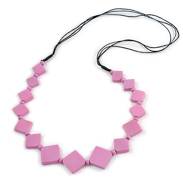 Lavender Pink Square Bone Bead Black Cotton Cord Long Necklace – 82cm L