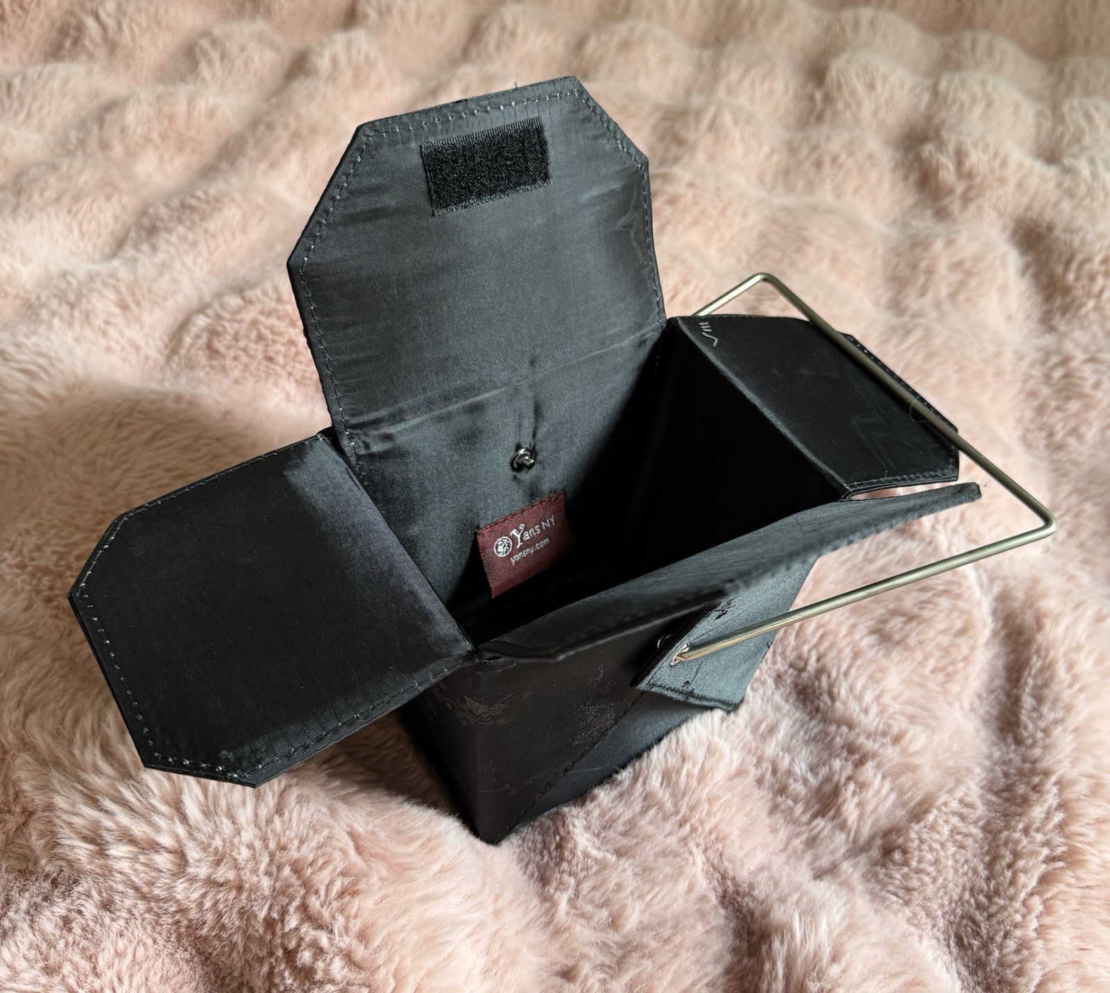 Vintage Yans NY Black Floral Fabric Jewelry Gift Box Square w/ Metal Handle