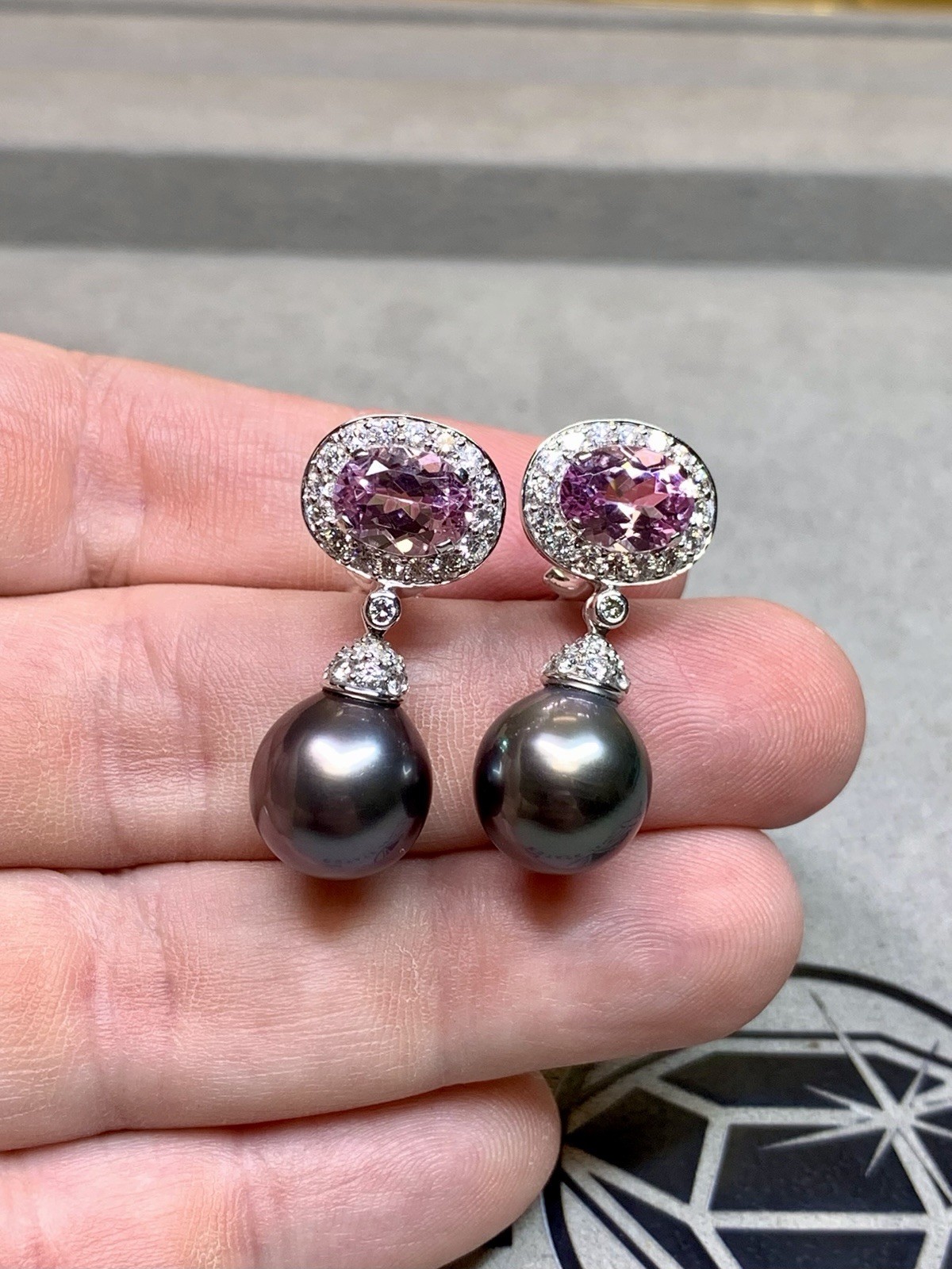 Contemporary 18K White Gold Kunzite Diamond Tahitian Pearl Drop Earrings 6.70ctw