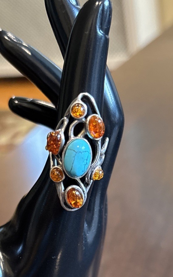 925 Southwestern Turquoise & Amber ring size 6