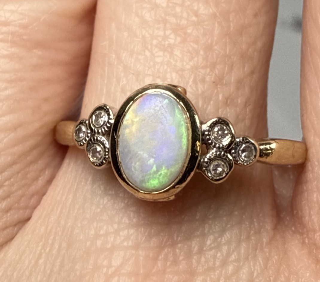 Vintage 10k Gold Opal Oval Cabochon Ring Diamonds Ruby Size 8.75