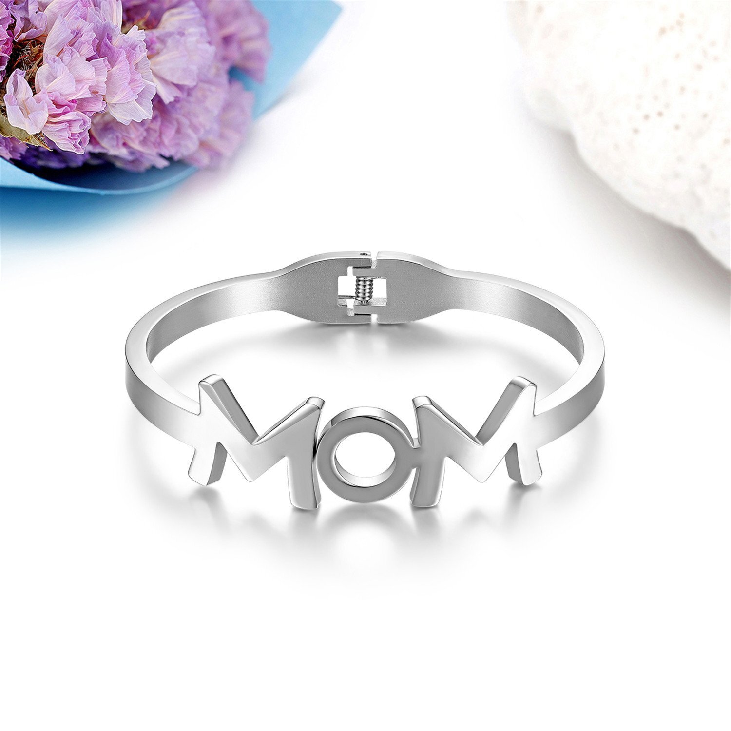 Charm MOM Stainless Steel Bracelet Bangle Cuff for Birthday Mother’s Day Gift