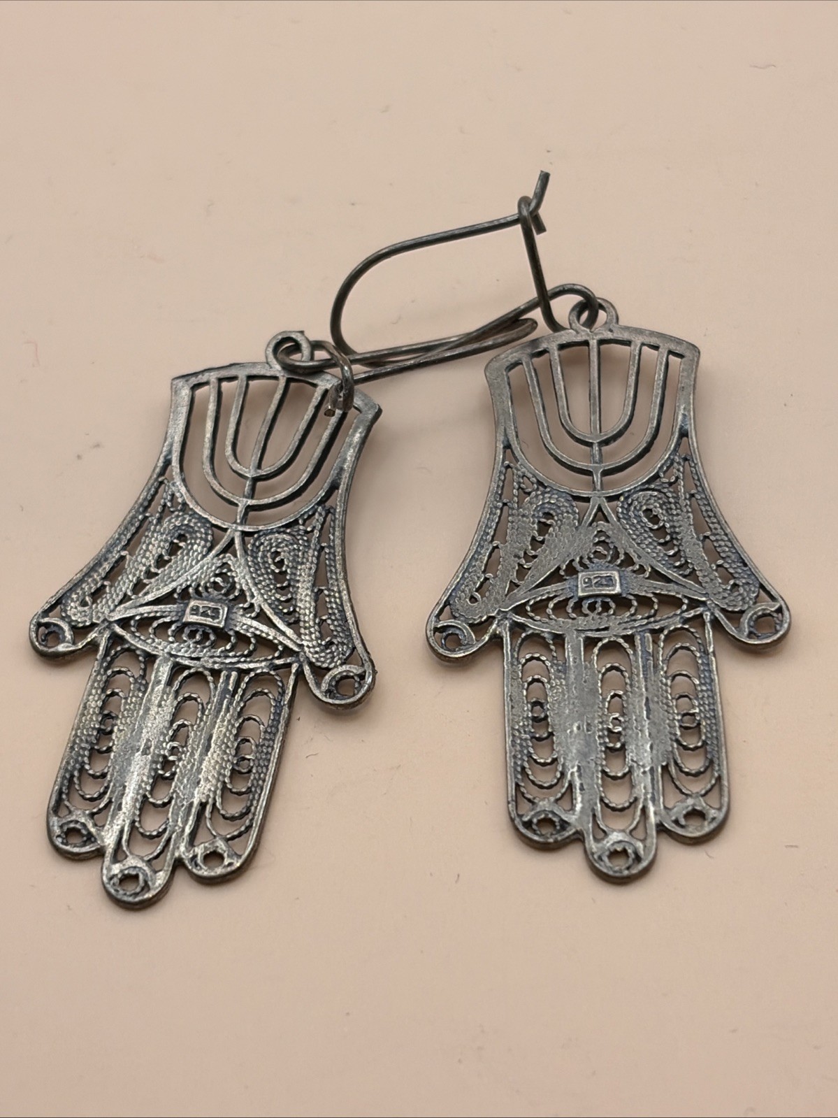 Vtg 925 Sterling Silver Filigree Hamsa Menorah Dangle Earrings Israel Judaica
