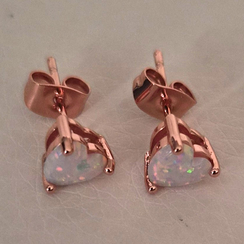 Rose Gold Heart Opal Stud Earrings White/Pink Prong Set Butterfly Back