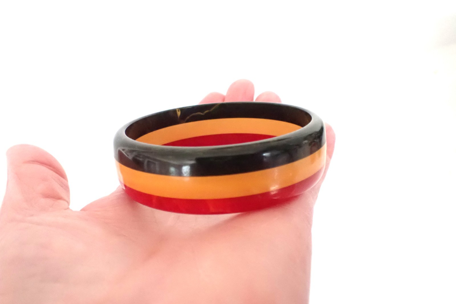 Vintage 3 Color Striped Laminated Bakelite Bangle Bracelet Black Yellow Red