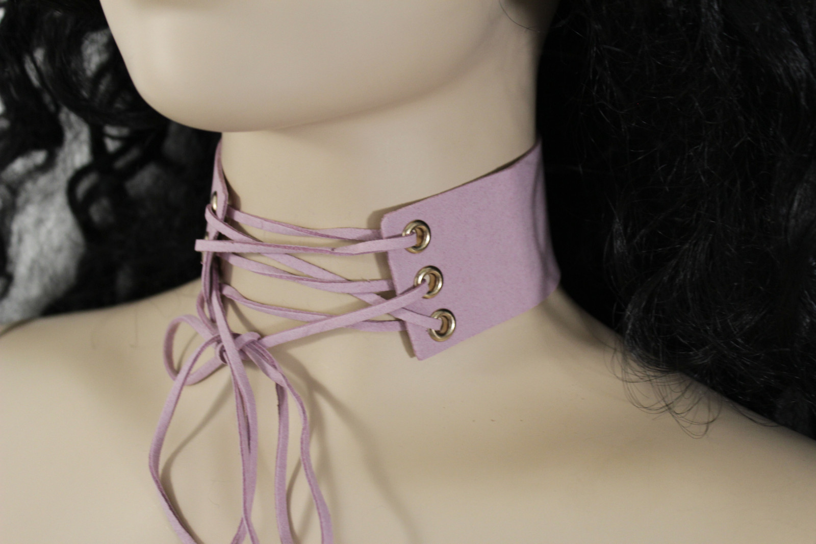 NEW Women Pastel Pink Faux Leather Fabric Fashion Corset Choker Necklace Tie