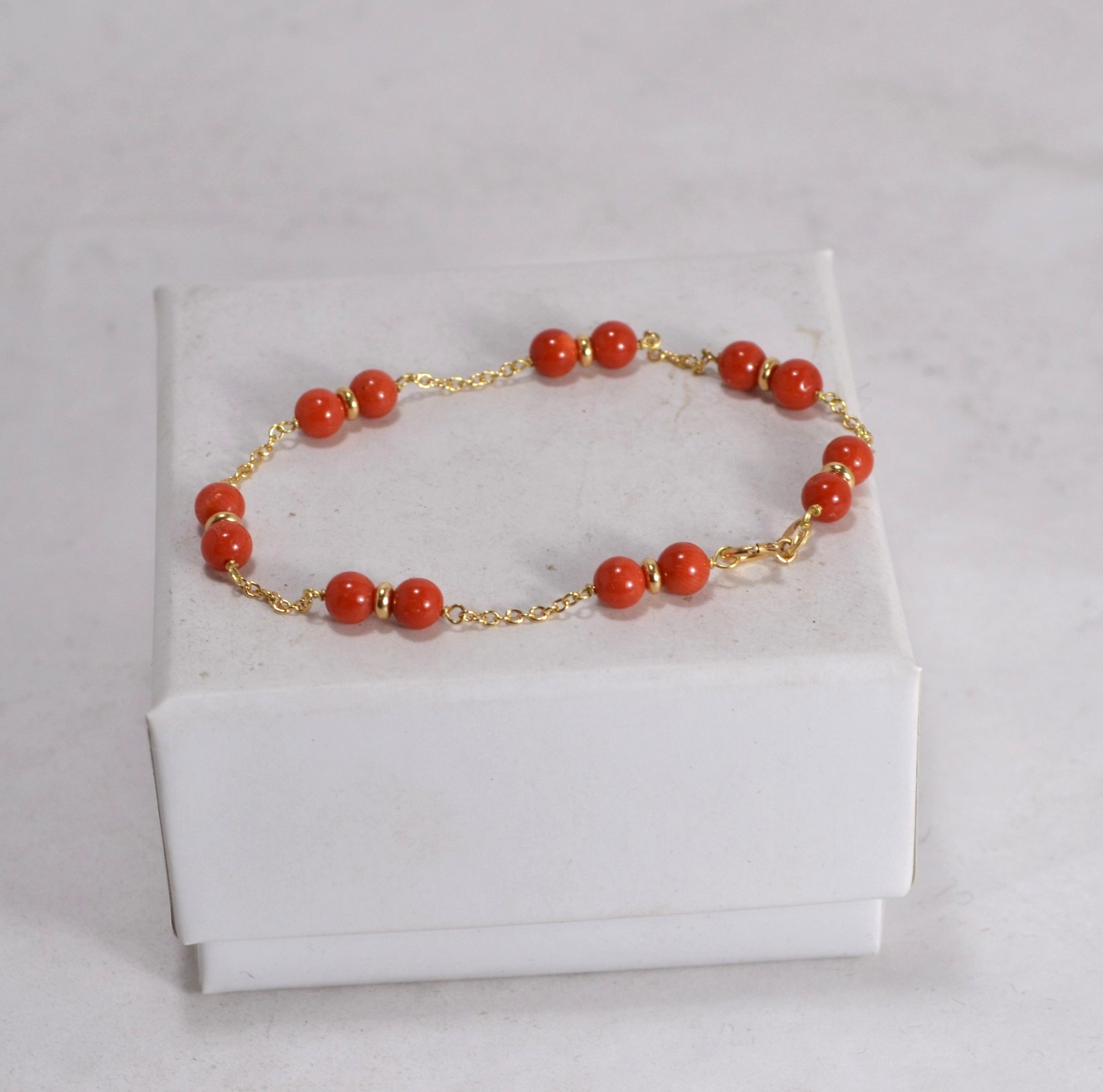 18kt YELLOW GOLD CORAL BRACELET 5mm RED FIRST CHOICE DOUBLE OGRP 077
