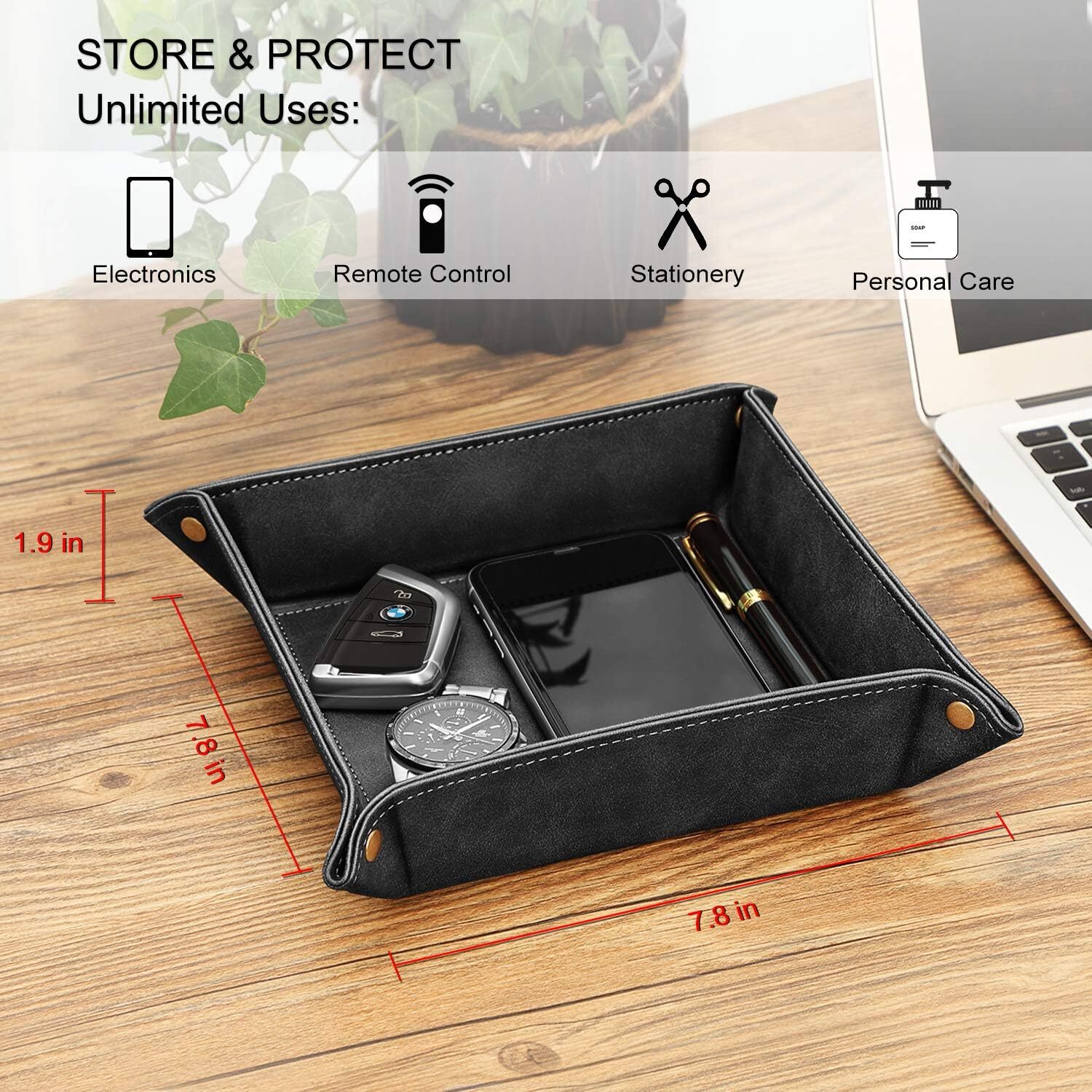 Leather Valet Tray Table Desktop Storage Organizer Nightstand Caddy Holder Gift