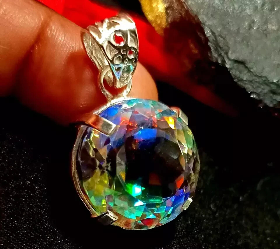 Round Cut 90 Ct+ Natural Mystic Topaz 925 Solid Silver Rainbow Pendant Gemstone