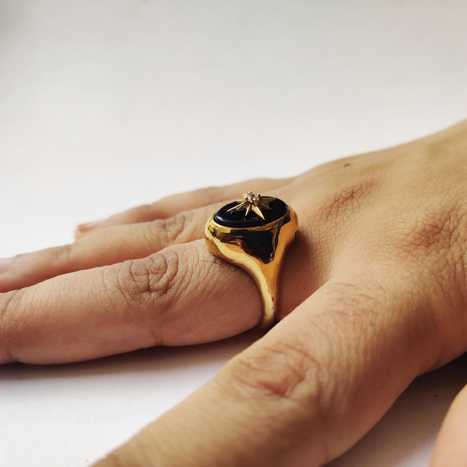 Silver Natural Black Onyx Gold plated Antique Vintage Handmade Ring Size 7 H-18