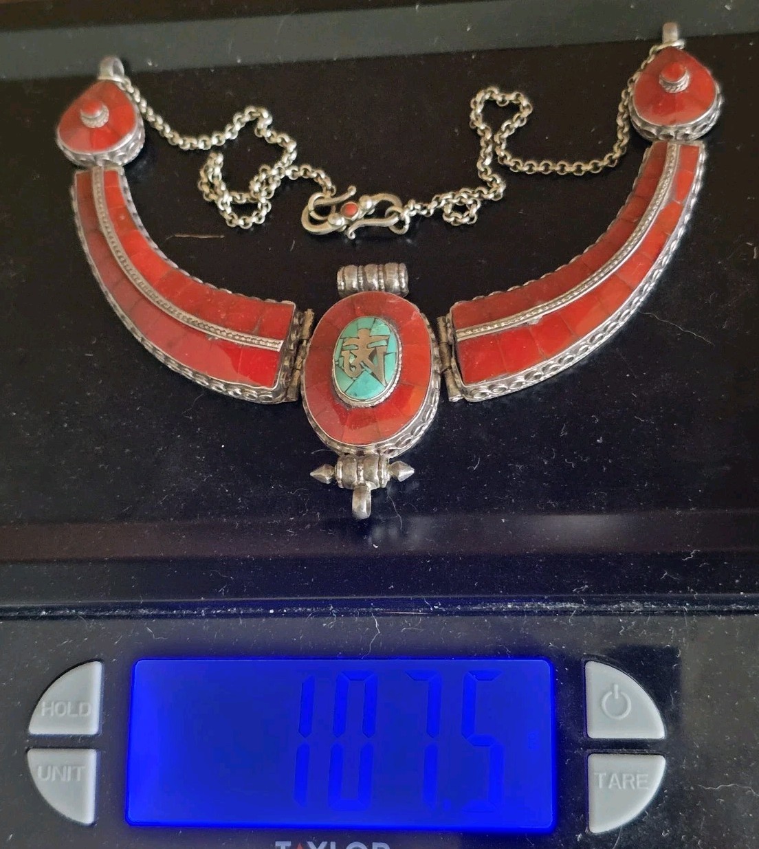 AUTHENTIC TIBETAN SILVER GARUDA COLLAR NECKLACE TURQUOISE CORAL BIB 107G 21.8 IN