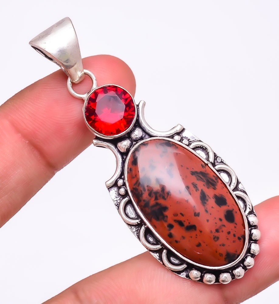Natural Mahogany Obsidian, Garnet Gemstone 925 Silver Plated Pendant 2.4″ T861