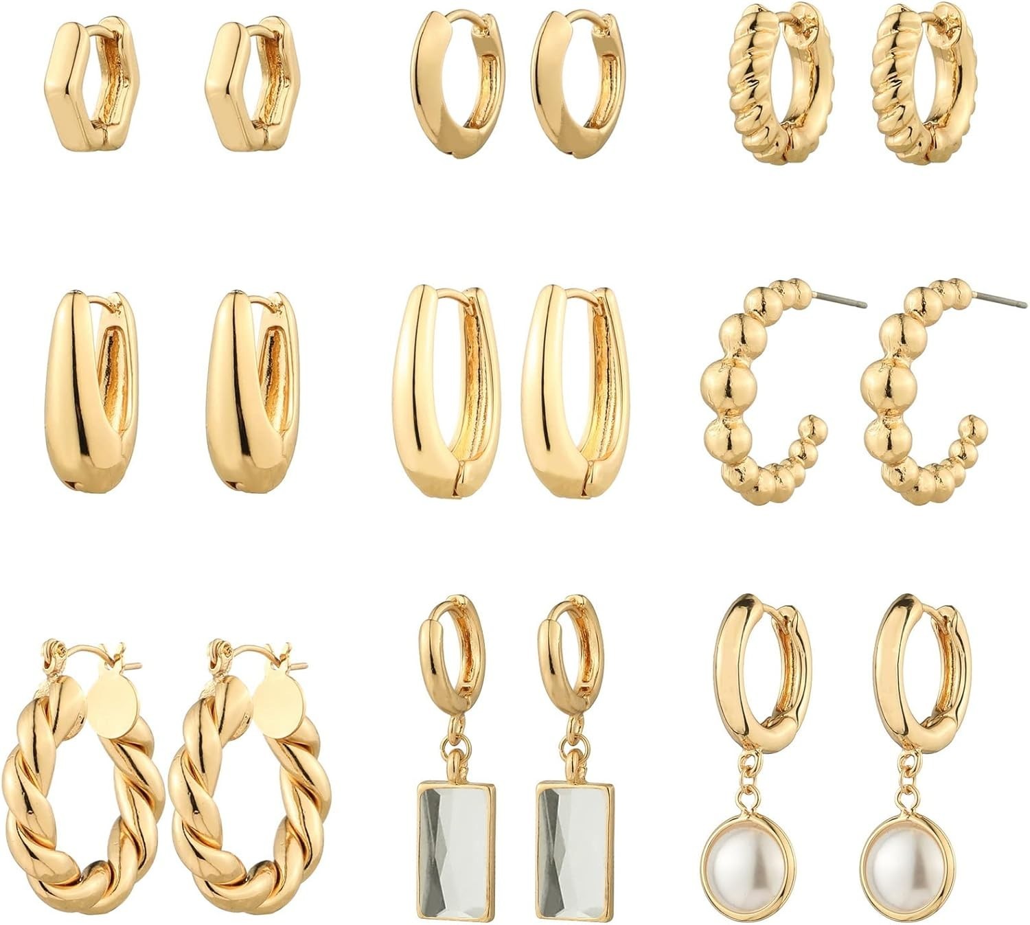 Elegant 14K Gold Plated Hoop Earrings Set – 9 Stylish Pairs for Every Occasion