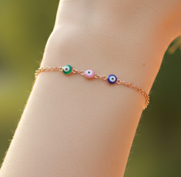 Elegant Rose Gold Plated Brass Bracelet | Boho Multi-Color Evil Eye Charm