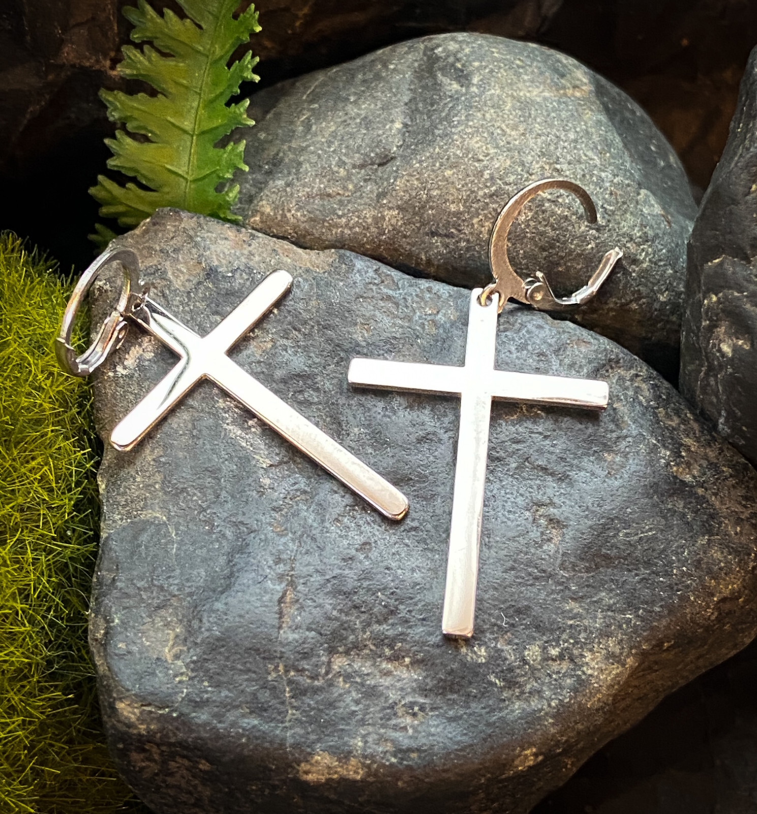 PAIR Hoop Earrings w/ Large Cross Dangle Stainless Steel – Gold, Black or Silver