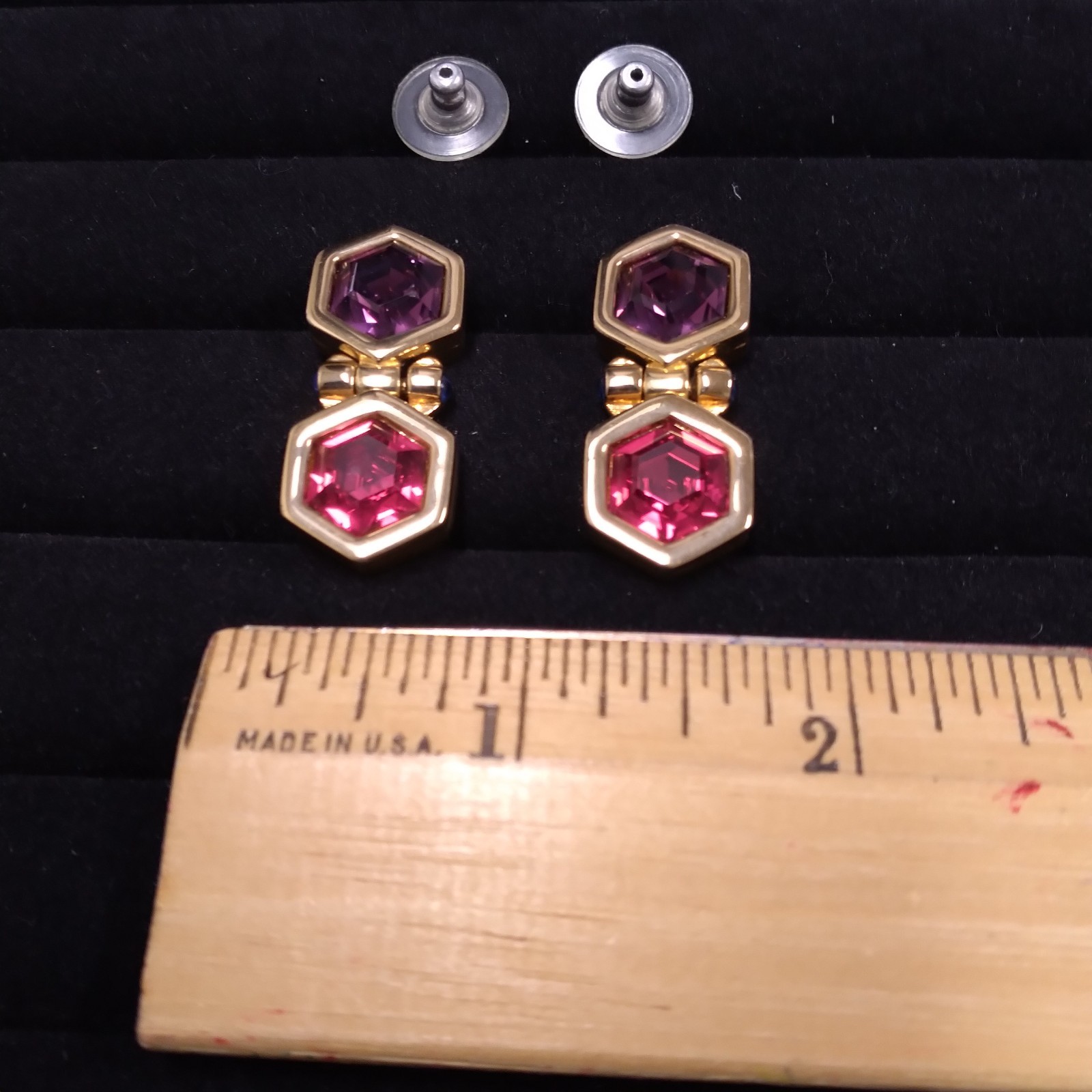Swarovski Swan Purple Red Hexagon Shape Gold Tone Doorknocker Earrings Pierced