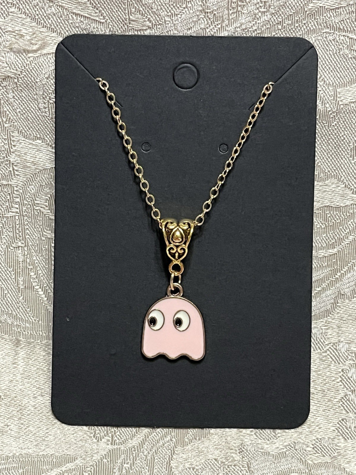 PAC Man PINKY PINK Ghost Gold Enamel Fashion Video Game Novelty 18” Necklace